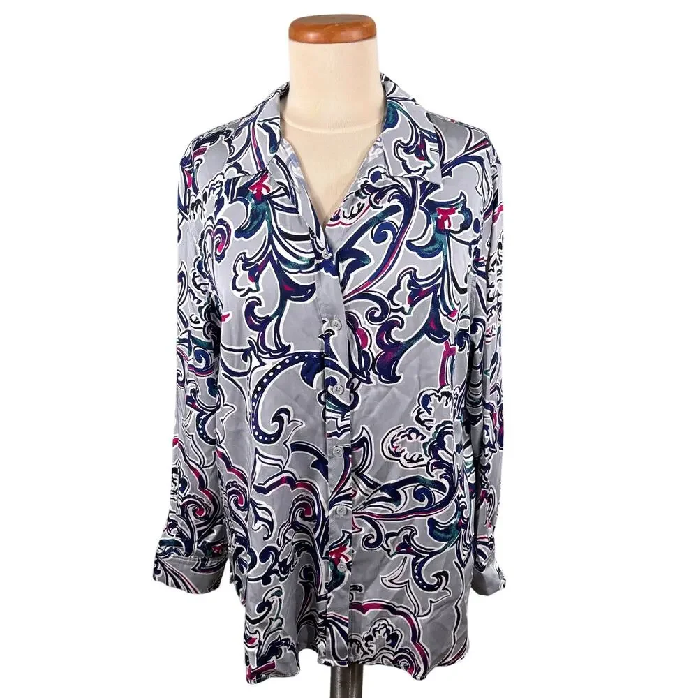 Chico's Long Sleeve Shirt Women's Size 2 Large Satin Sand‎ Wash Casual Button Up